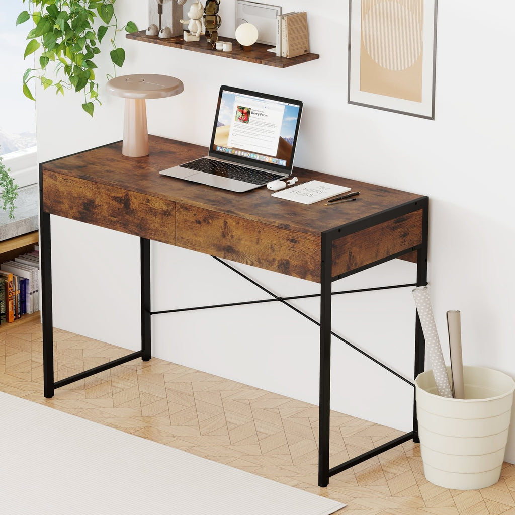 2-Drawer Home Office Desk with Steel Frame-Brown