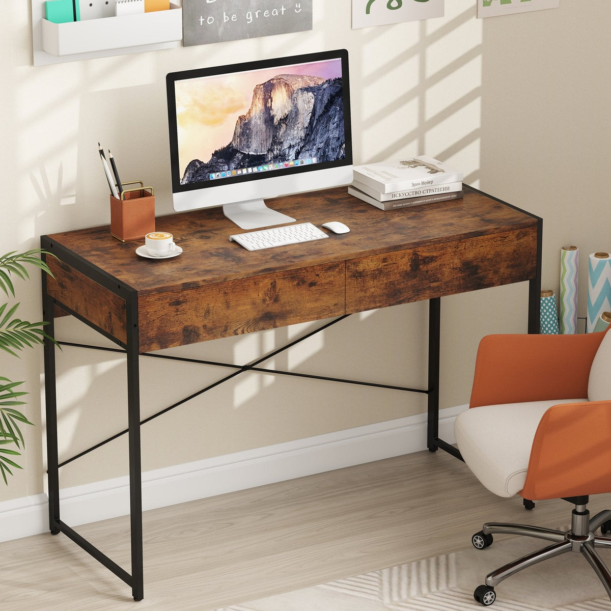 2-Drawer Home Office Desk with Steel Frame-Brown