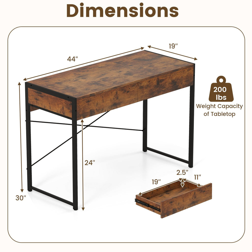 2-Drawer Home Office Desk with Steel Frame-Brown