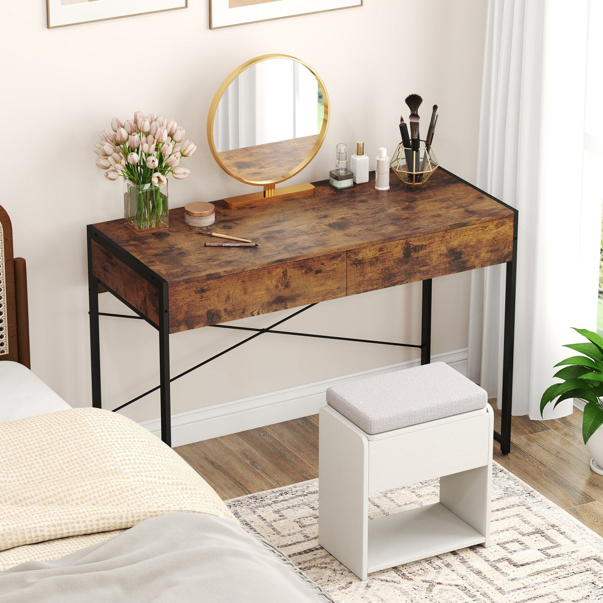 2-Drawer Home Office Desk with Steel Frame-Brown