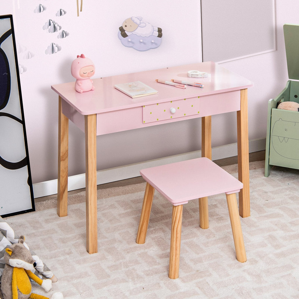 2-in-1 Kinder-Schminktisch-Set mit Hocker und Spiegel – Rosa