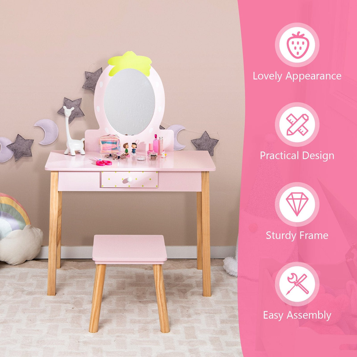 2-in-1 Kinder-Schminktisch-Set mit Hocker und Spiegel – Rosa