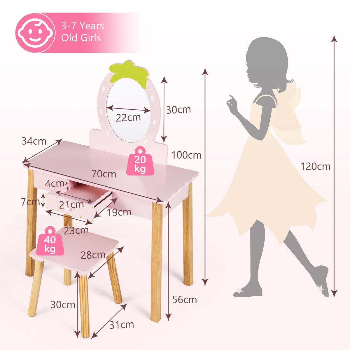 2-in-1 Kinder-Schminktisch-Set mit Hocker und Spiegel – Rosa