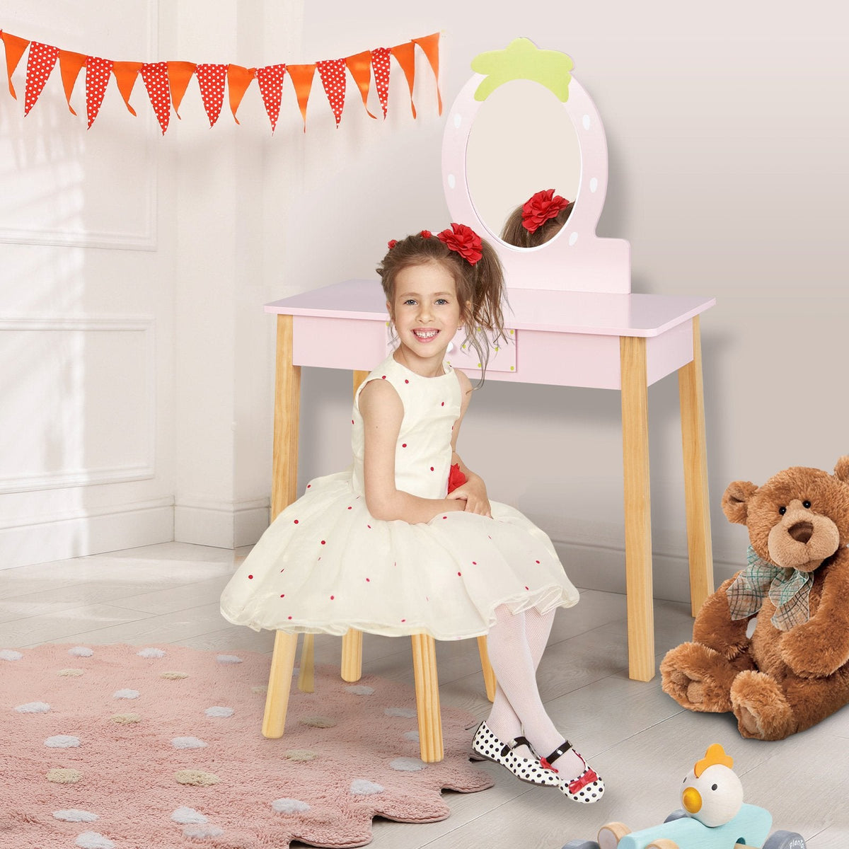2-in-1 Kinder-Schminktisch-Set mit Hocker und Spiegel – Rosa
