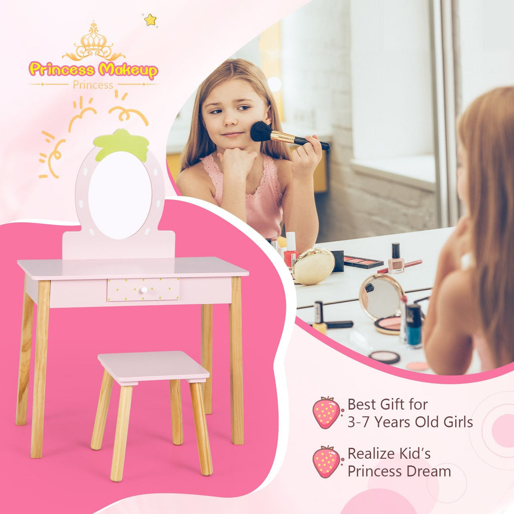 2-in-1 Kinder-Schminktisch-Set mit Hocker und Spiegel – Rosa