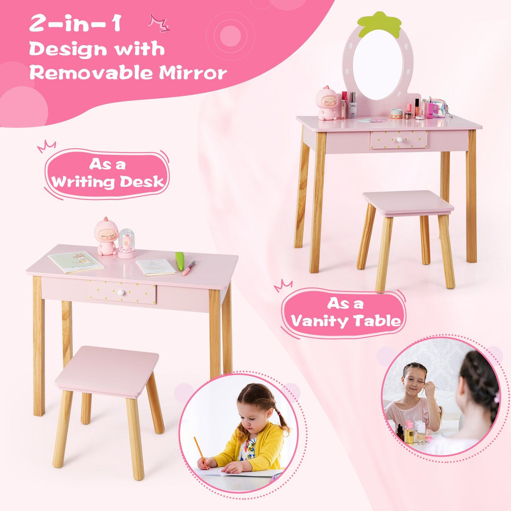 2-in-1 Kinder-Schminktisch-Set mit Hocker und Spiegel – Rosa
