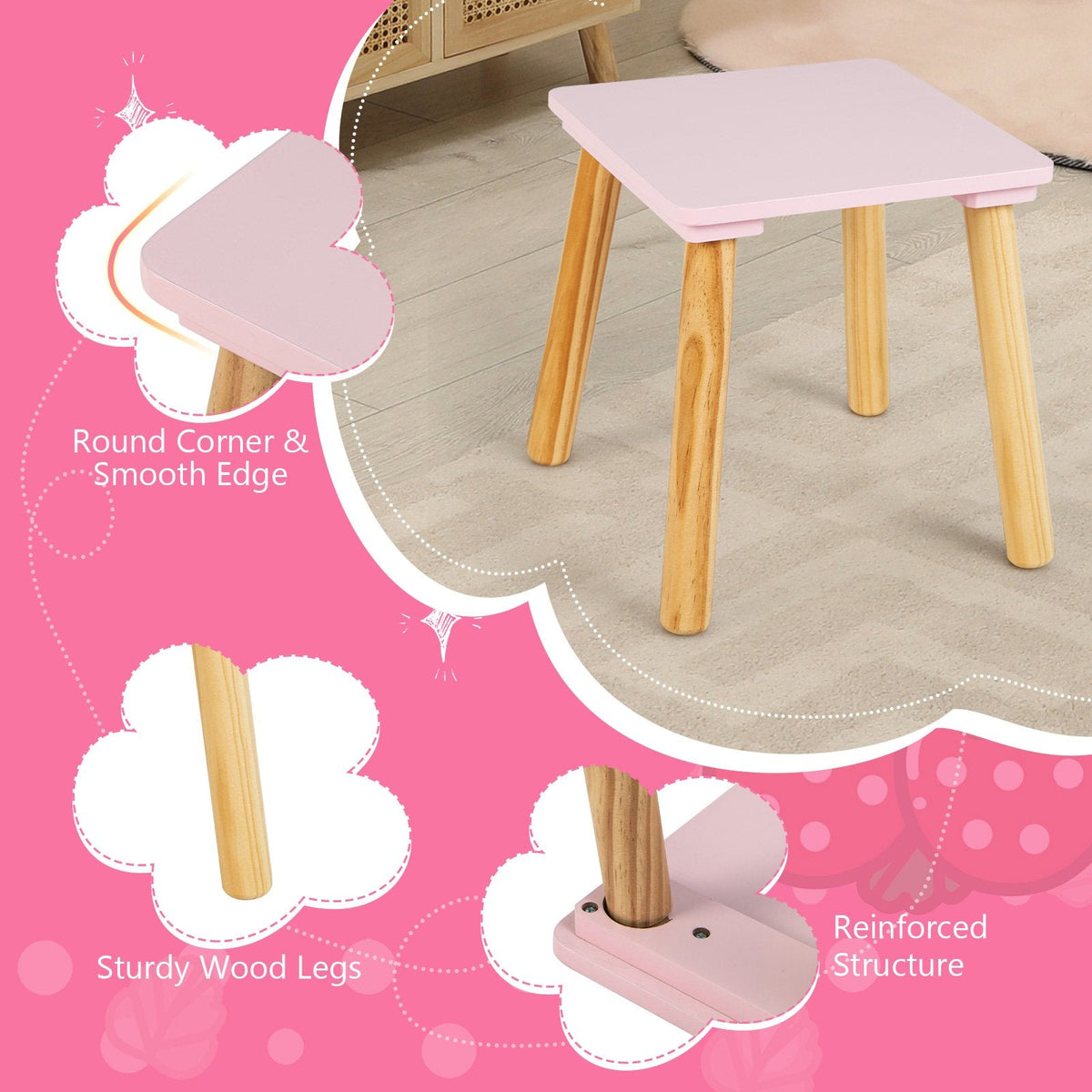2-in-1 Kinder-Schminktisch-Set mit Hocker und Spiegel – Rosa
