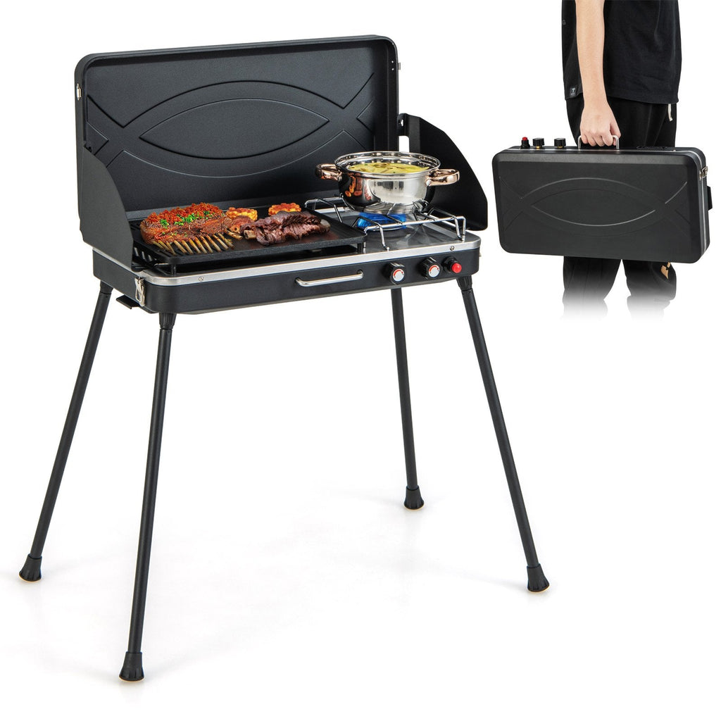 Grill et réchaud de camping à gaz 2-en-1 avec pieds détachables - Noir