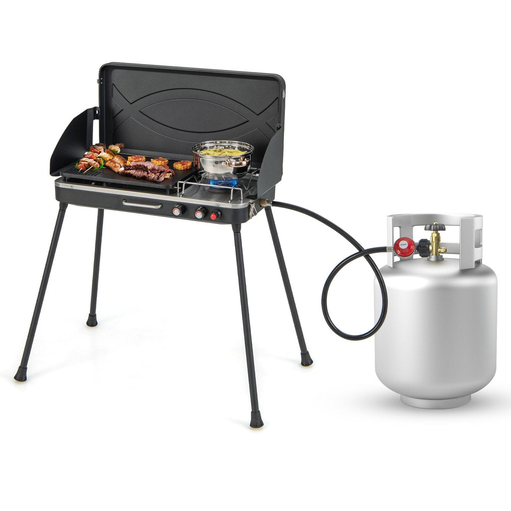 Grill et réchaud de camping à gaz 2-en-1 avec pieds détachables - Noir