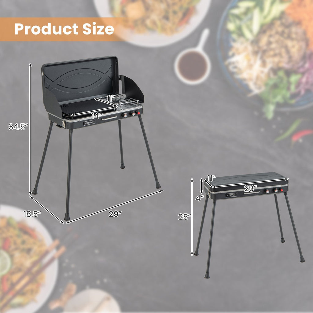 Grill et réchaud de camping à gaz 2-en-1 avec pieds détachables - Noir