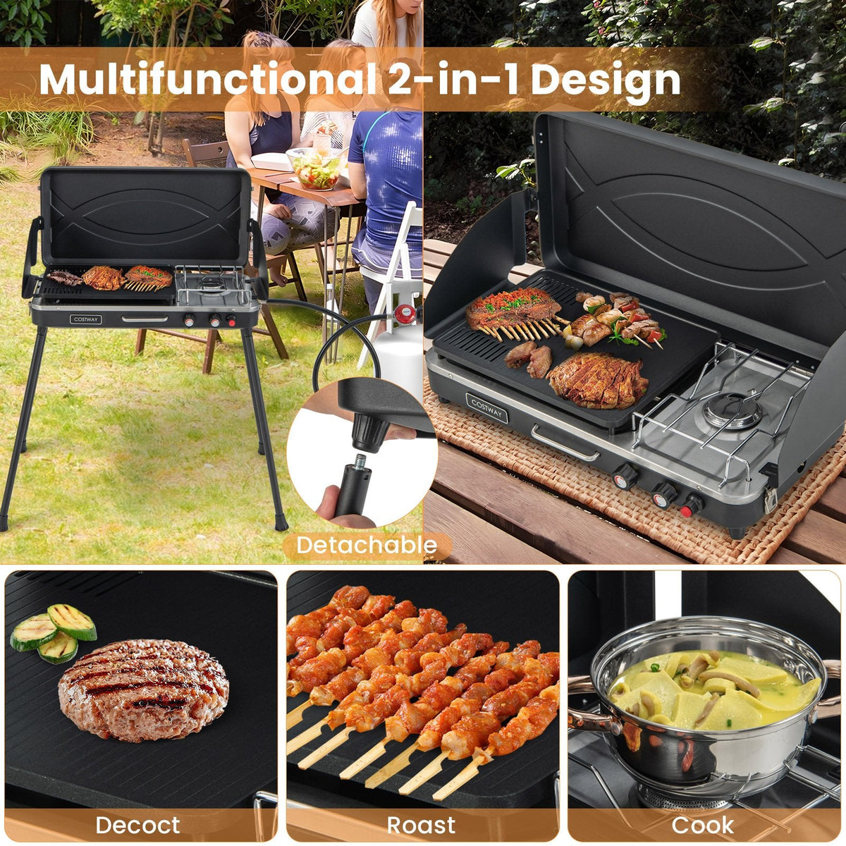 Grill et réchaud de camping à gaz 2-en-1 avec pieds détachables - Noir