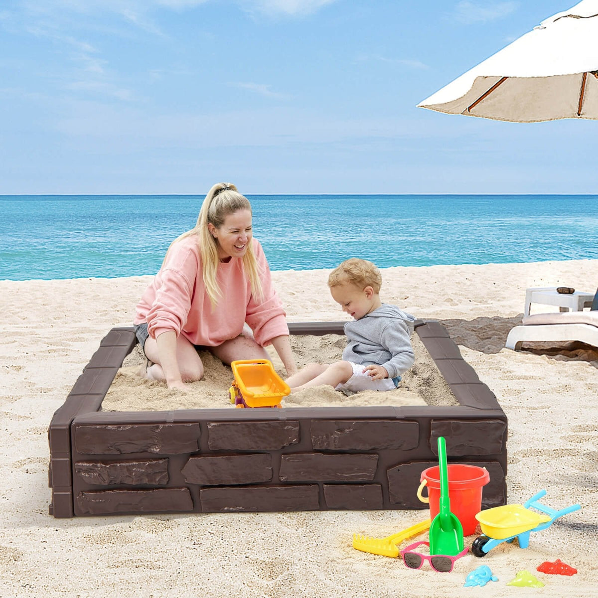 2-in-1-Kinder-Sandkasten aus HDPE mit Abdeckung und Bodenmatte – Braun