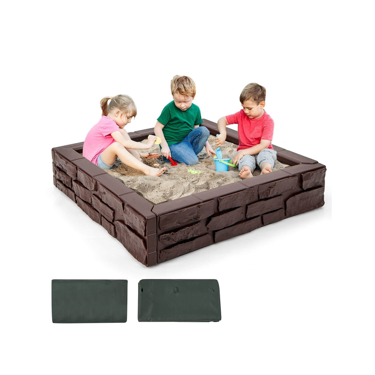 2-in-1-Kinder-Sandkasten aus HDPE mit Abdeckung und Bodenmatte – Braun