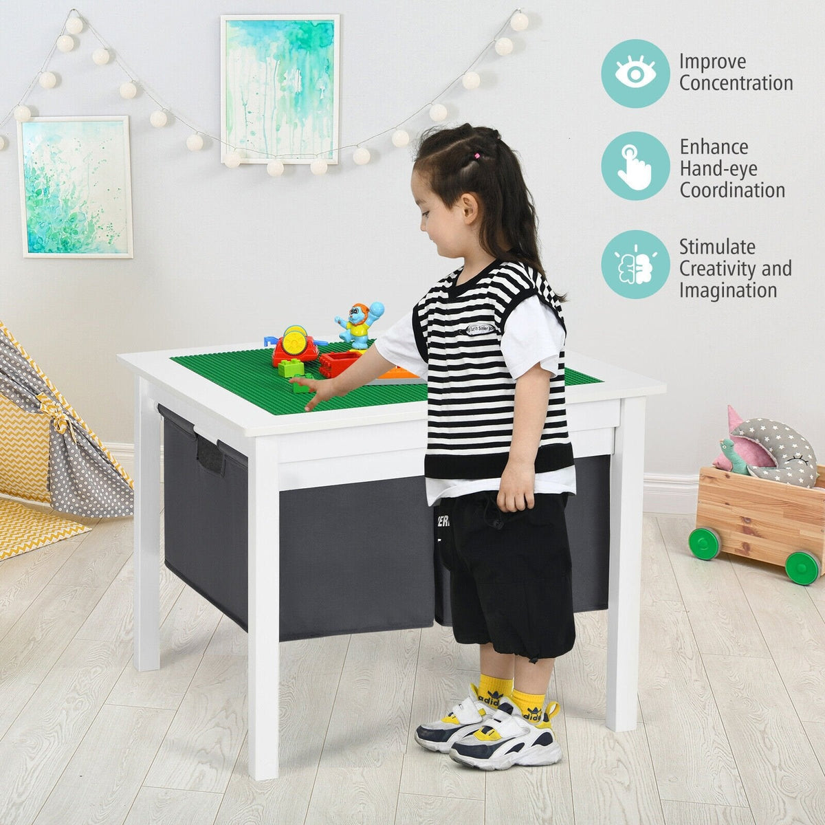 Table d’activités réversible 2 en 1 pour enfants avec 2 tiroirs de rangement, blanche