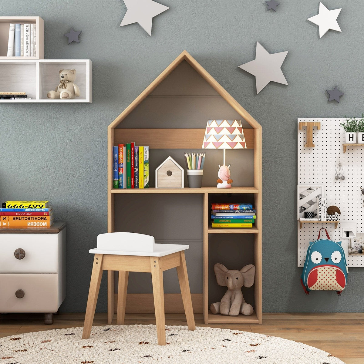 2-in-1 Kinder-Tisch- und Stuhlset in Hausform – Grau