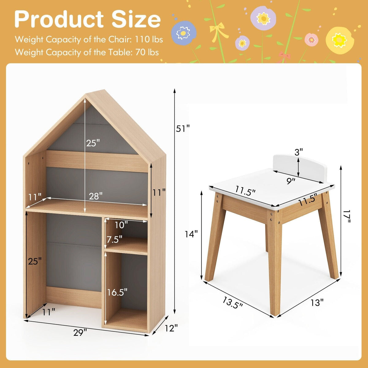 2-in-1 Kinder-Tisch- und Stuhlset in Hausform – Grau