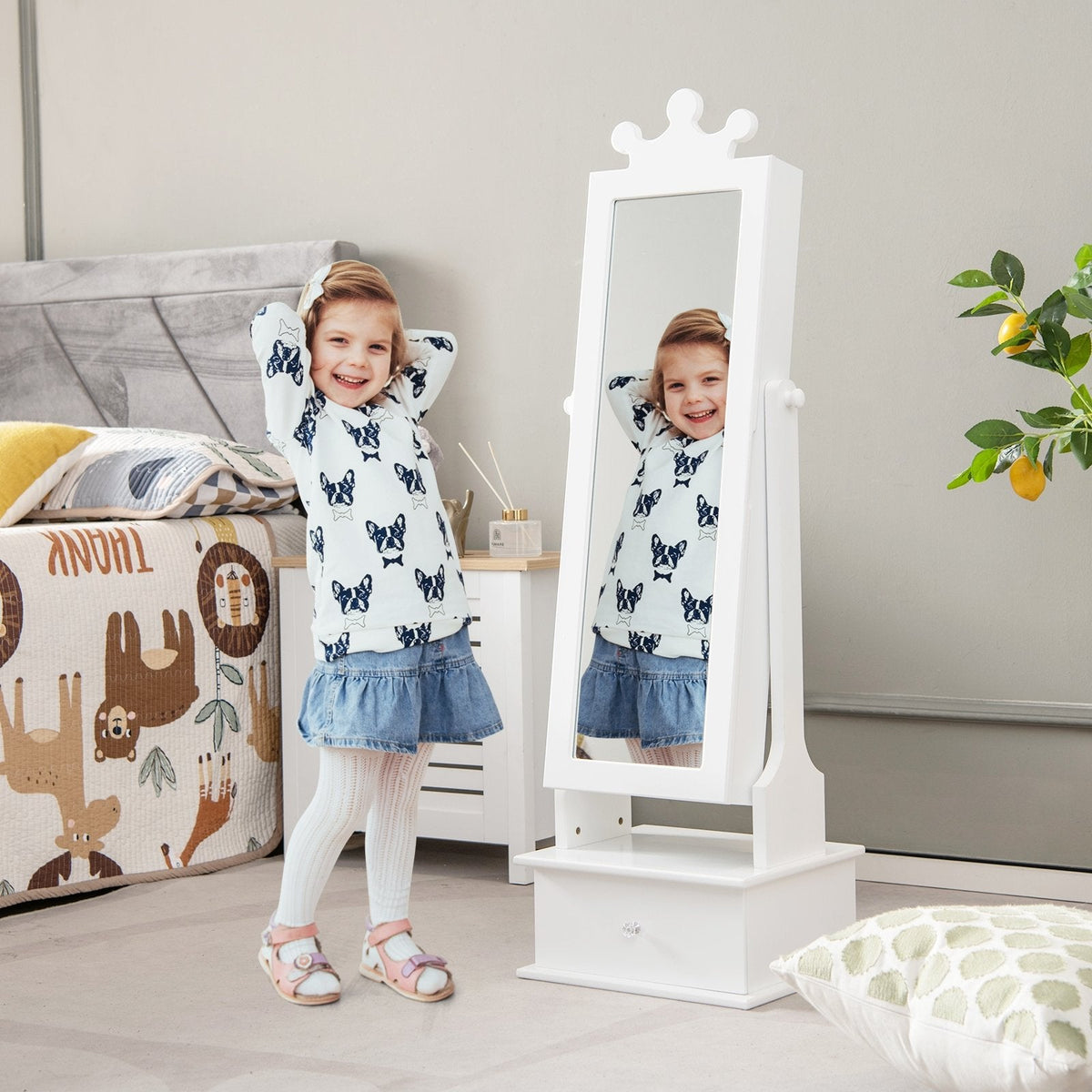 2-in-1 Kinder-Spielschminktisch mit Ganzkörperspiegel und Schubladen – Weiß