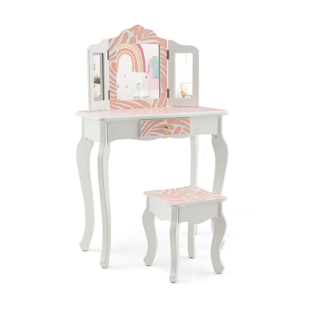 2-in-1 Kinderschminktisch-Set mit dreifach klappbarem Spiegel – Rosa