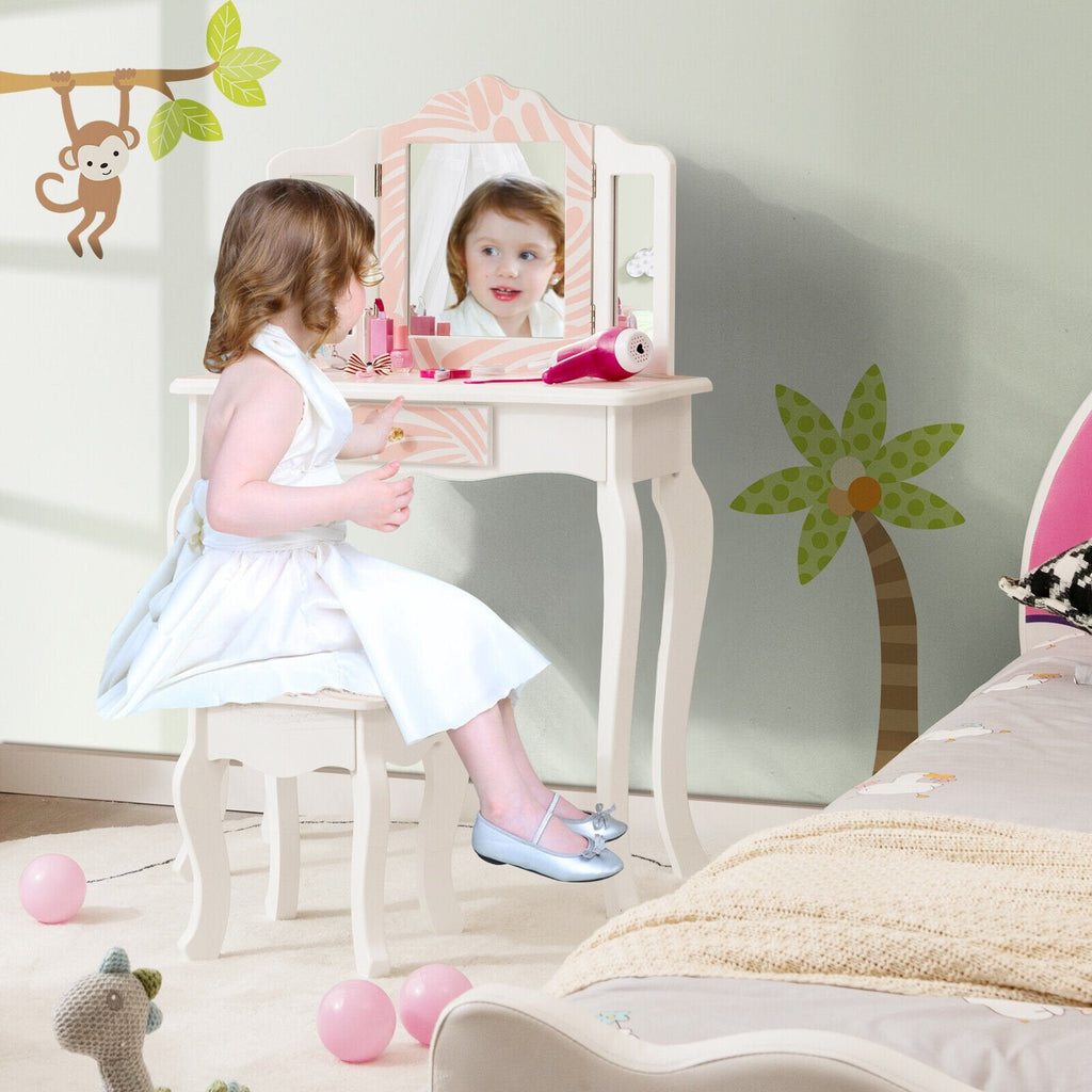 2-in-1 Kinderschminktisch-Set mit dreifach klappbarem Spiegel – Rosa
