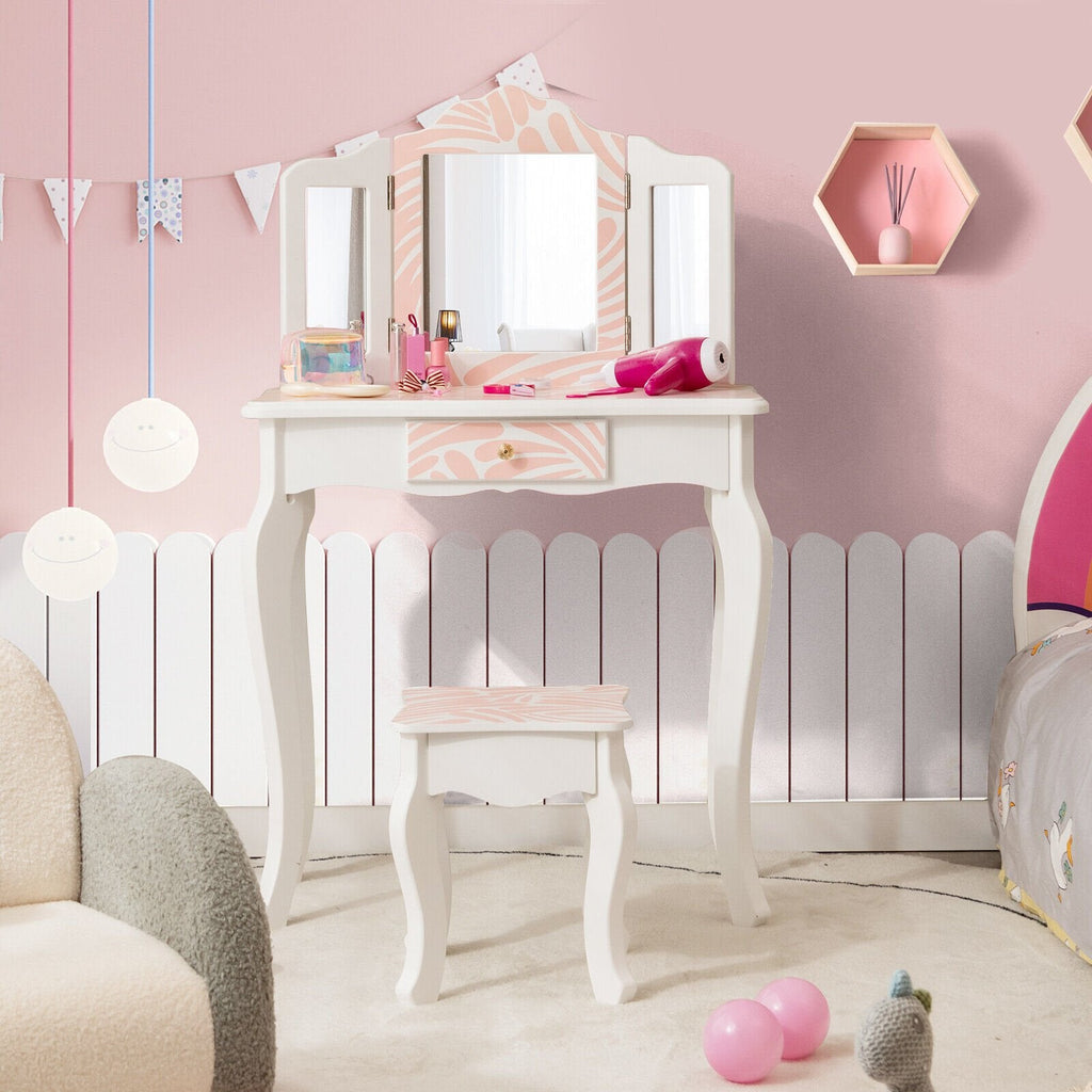 2-in-1 Kinderschminktisch-Set mit dreifach klappbarem Spiegel – Rosa