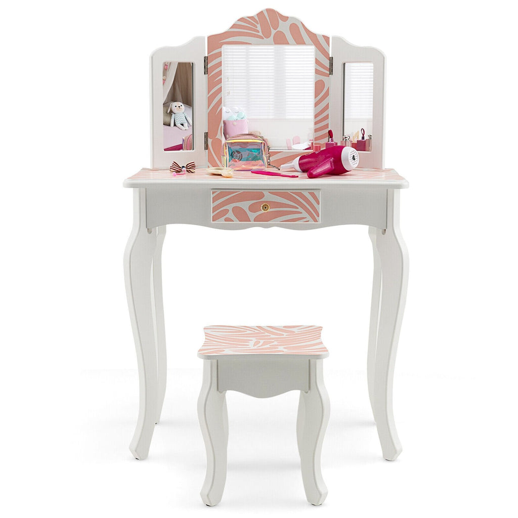 2-in-1 Kinderschminktisch-Set mit dreifach klappbarem Spiegel – Rosa