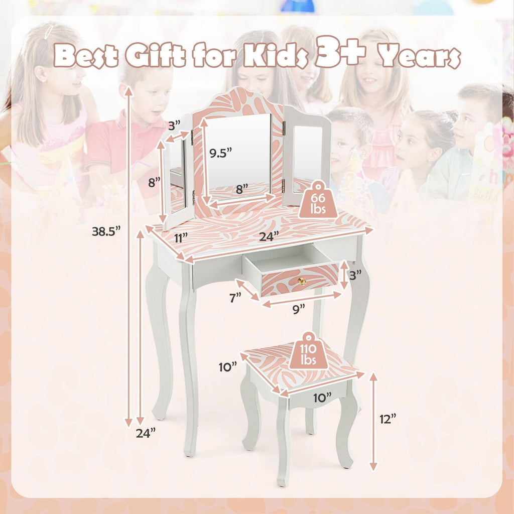 2-in-1 Kinderschminktisch-Set mit dreifach klappbarem Spiegel – Rosa
