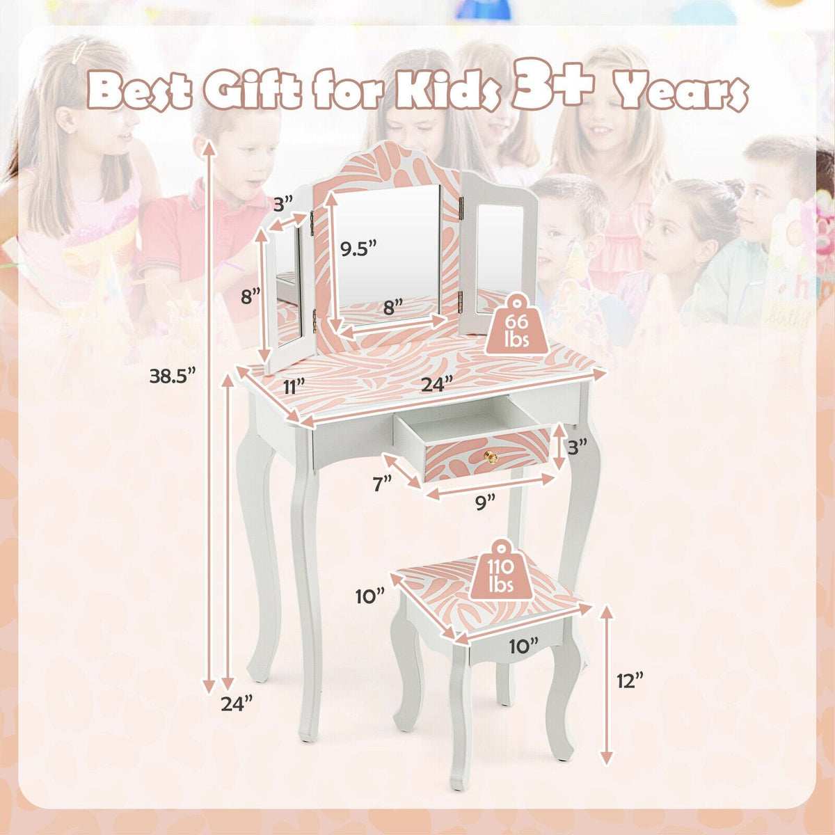 2-in-1 Kinderschminktisch-Set mit dreifach klappbarem Spiegel – Rosa