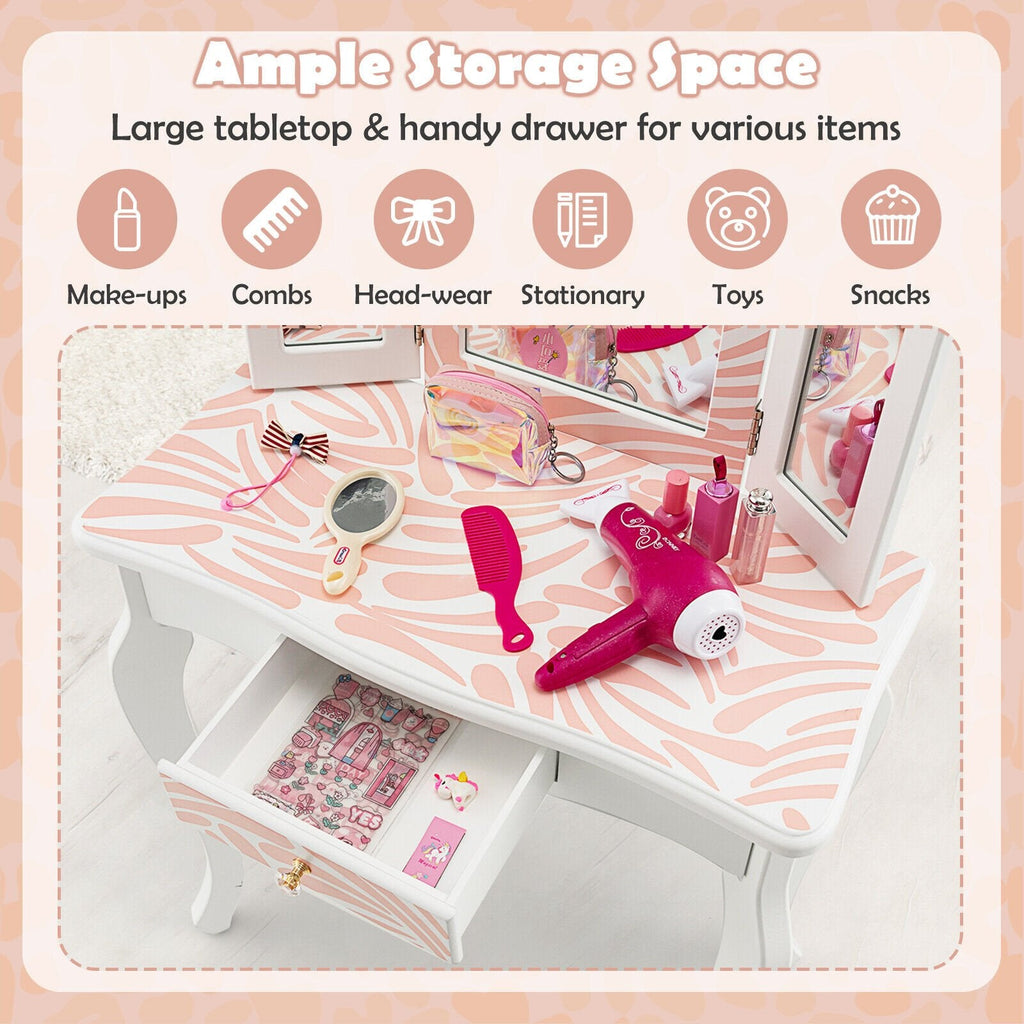 2-in-1 Kinderschminktisch-Set mit dreifach klappbarem Spiegel – Rosa