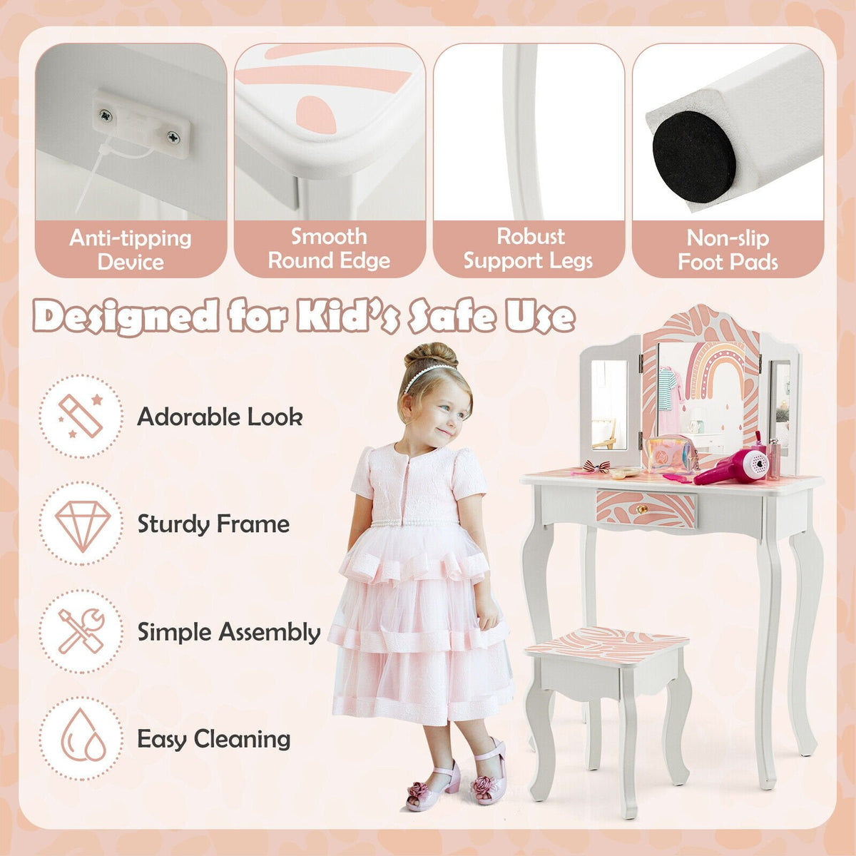 2-in-1 Kinderschminktisch-Set mit dreifach klappbarem Spiegel – Rosa