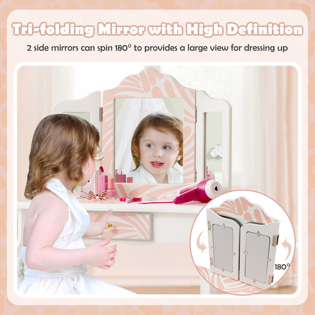 2-in-1 Kinderschminktisch-Set mit dreifach klappbarem Spiegel – Rosa
