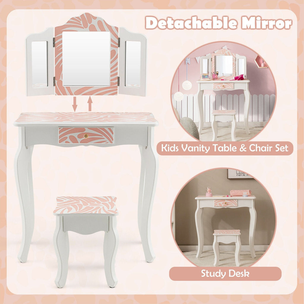 2-in-1 Kinderschminktisch-Set mit dreifach klappbarem Spiegel – Rosa