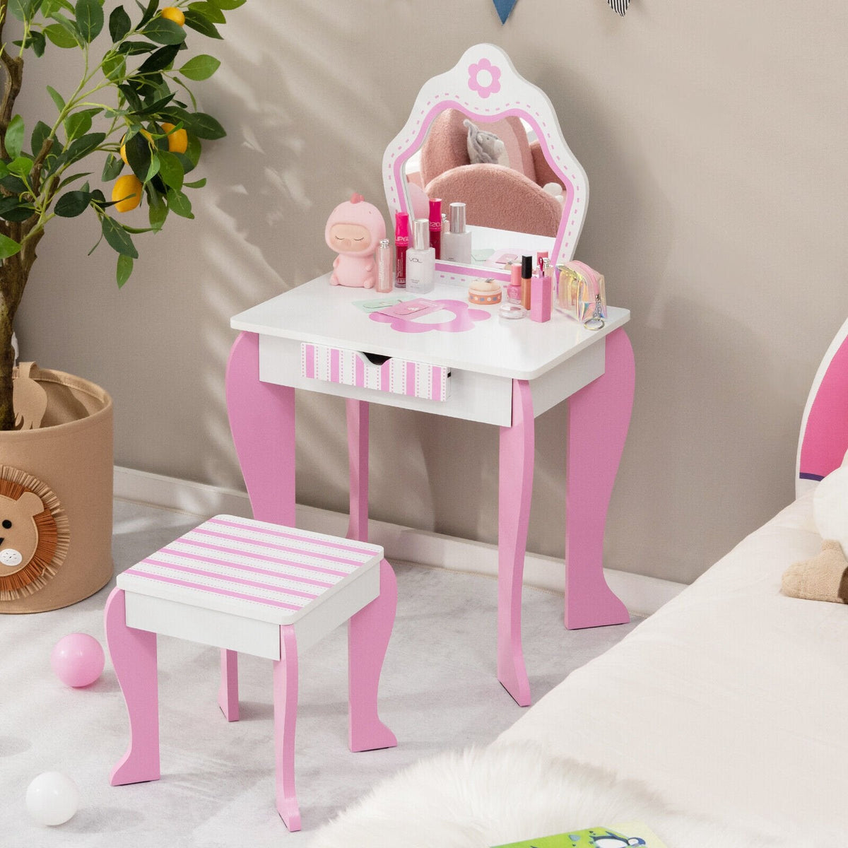 2-in-1 Schminktisch-Set für Kleinkinder mit abnehmbarer Oberseite und niedlichen Blumenmustern – Weiß