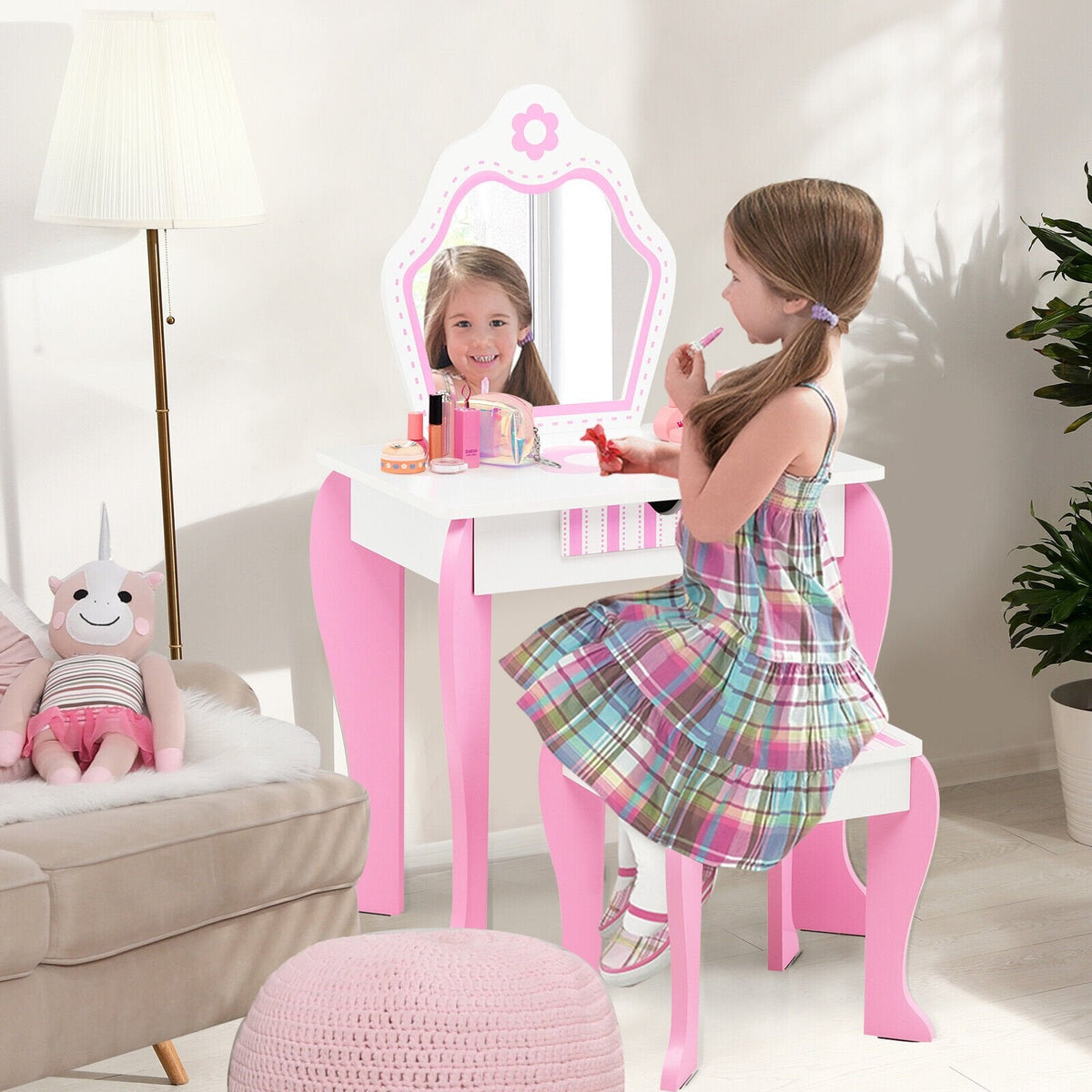 2-in-1 Schminktisch-Set für Kleinkinder mit abnehmbarer Oberseite und niedlichen Blumenmustern – Weiß