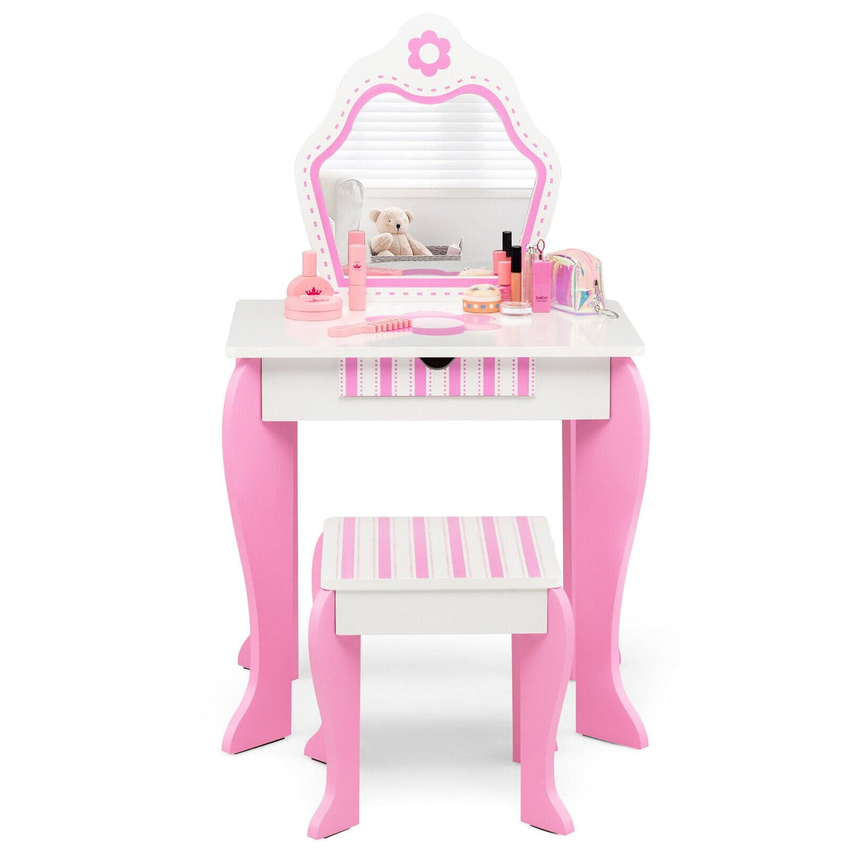 2-in-1 Schminktisch-Set für Kleinkinder mit abnehmbarer Oberseite und niedlichen Blumenmustern – Weiß