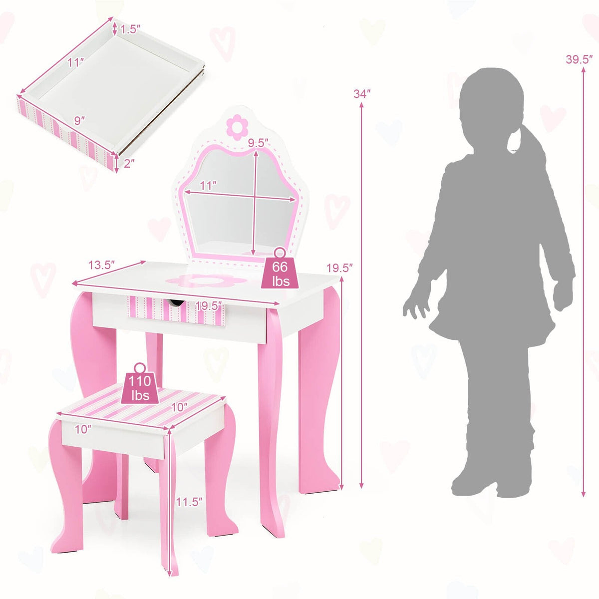 2-in-1 Schminktisch-Set für Kleinkinder mit abnehmbarer Oberseite und niedlichen Blumenmustern – Weiß