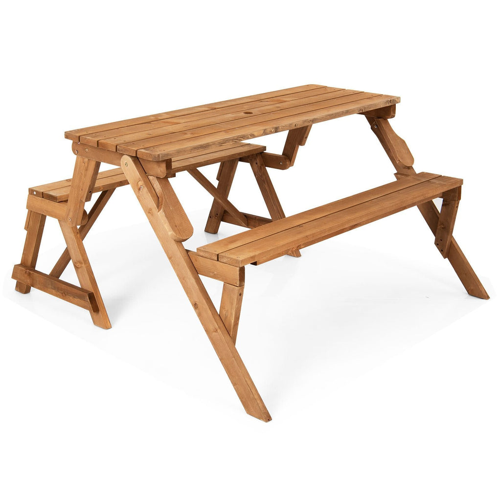 Banco y mesa de picnic de madera transformable 2 en 1 e intercambiable, con orificio para sombrilla, acabado natural