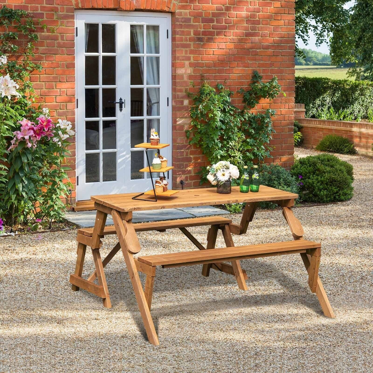 2-in-1 wandelbare, austauschbare Picknicktischbank aus Holz mit Schirmloch – Natur