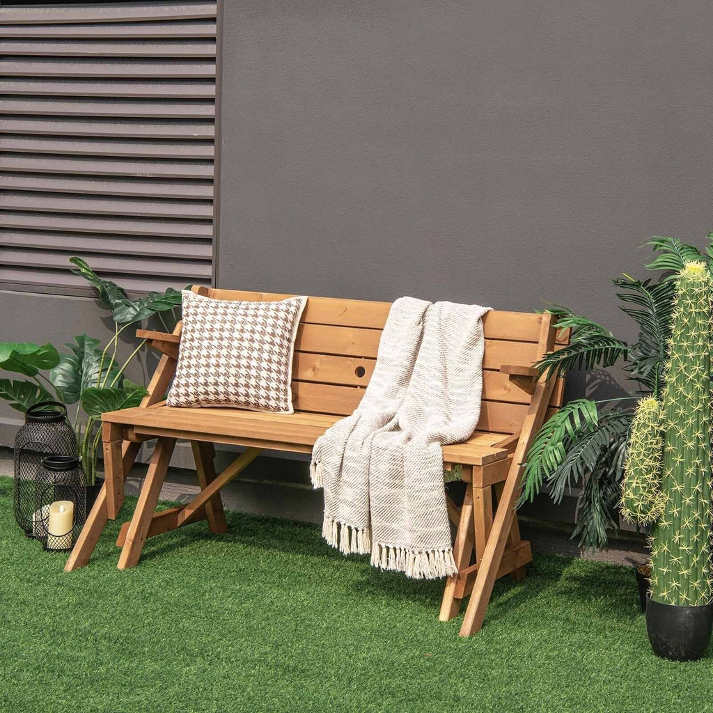 Banco y mesa de picnic de madera transformable 2 en 1 e intercambiable, con orificio para sombrilla, acabado natural