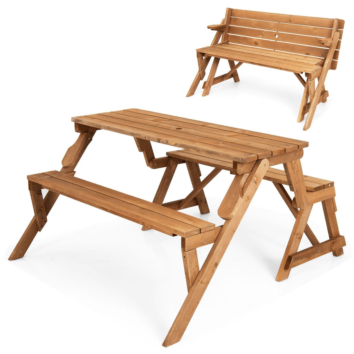 2-in-1 wandelbare, austauschbare Picknicktischbank aus Holz mit Schirmloch – Natur