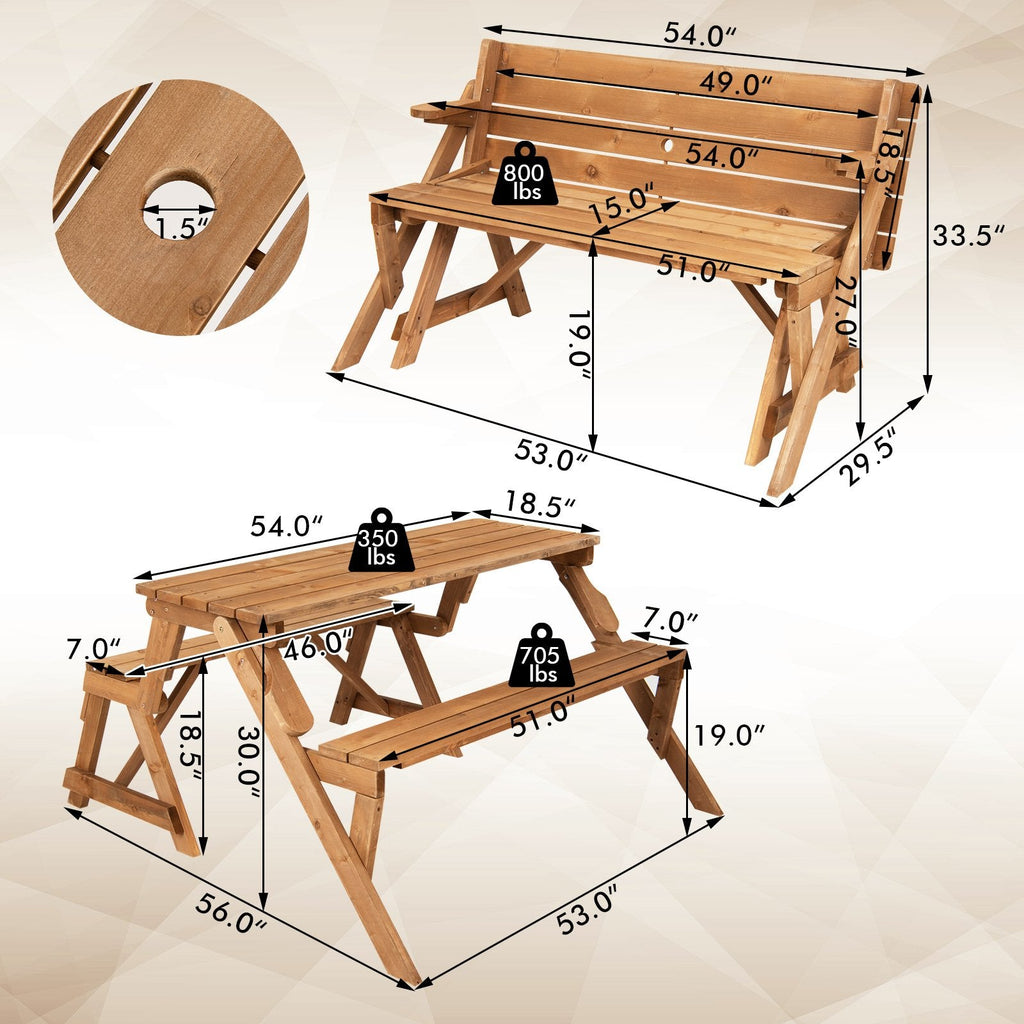 Banco y mesa de picnic de madera transformable 2 en 1 e intercambiable, con orificio para sombrilla, acabado natural