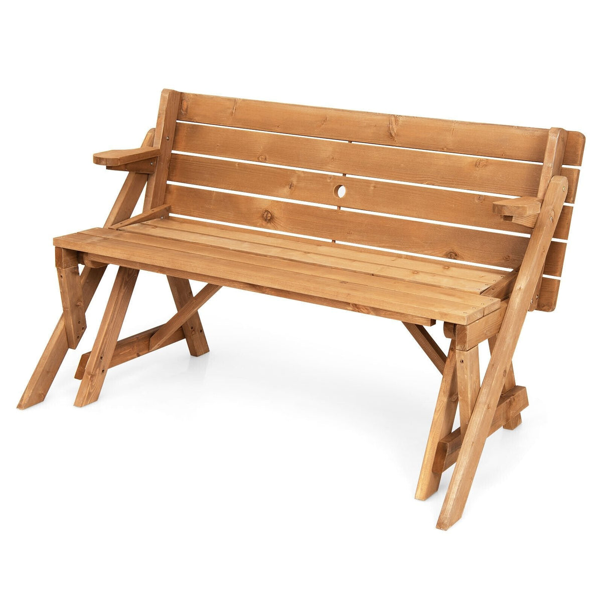 Banco y mesa de picnic de madera transformable 2 en 1 e intercambiable, con orificio para sombrilla, acabado natural