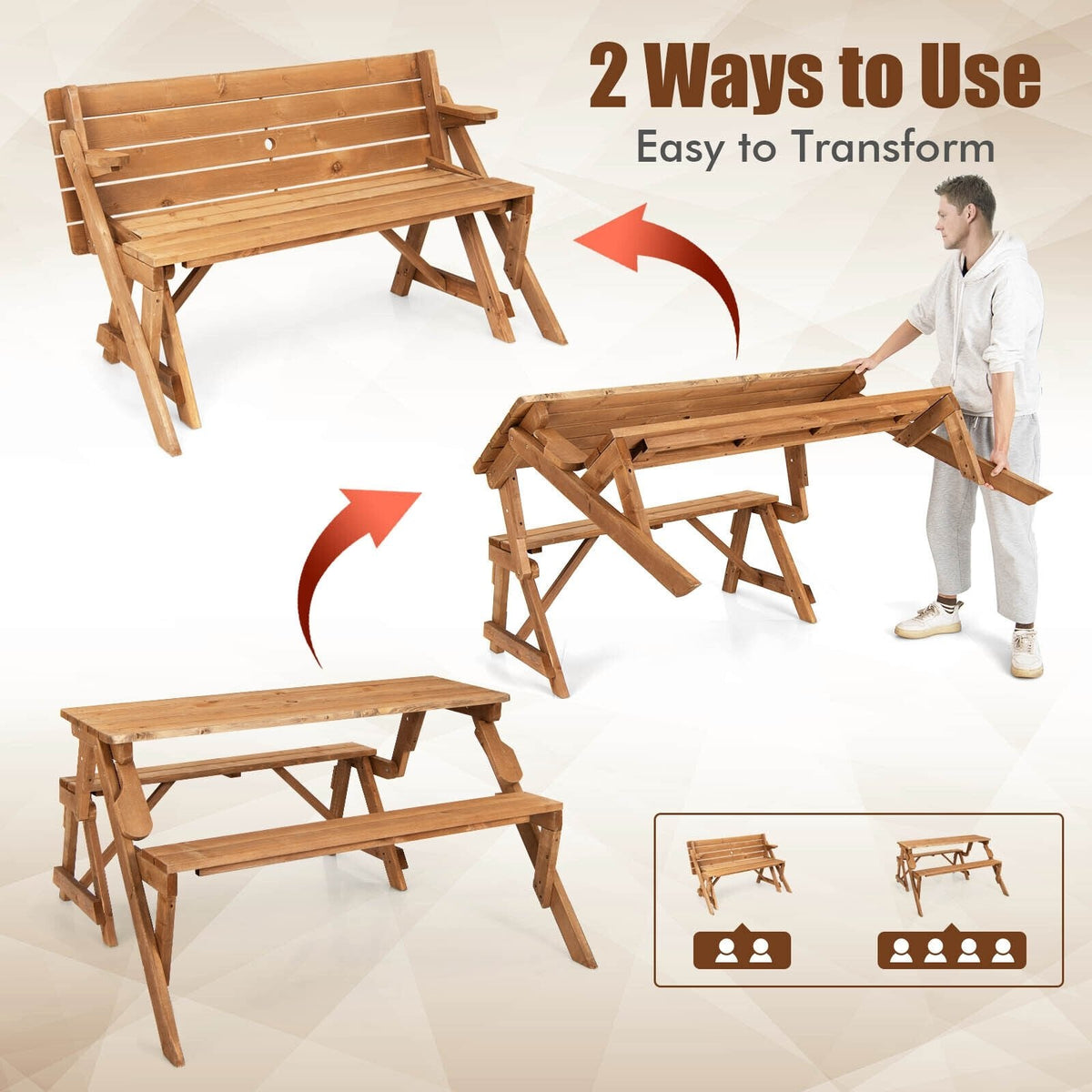 Banco y mesa de picnic de madera transformable 2 en 1 e intercambiable, con orificio para sombrilla, acabado natural