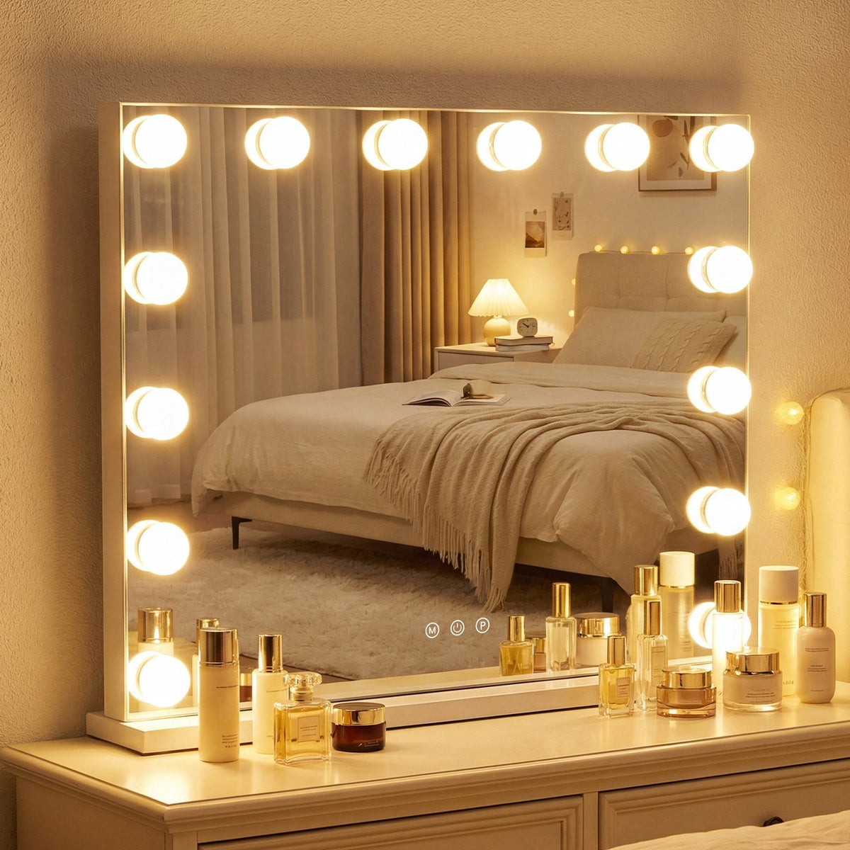 Miroir de maquillage 2-en-1 avec 14 ampoules LED à intensité réglable