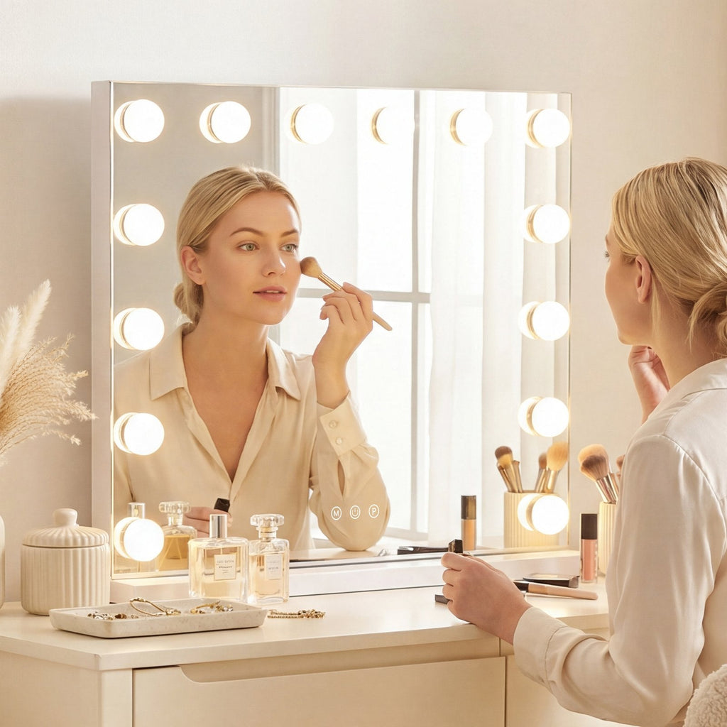 Miroir de maquillage 2-en-1 avec 14 ampoules LED à intensité réglable