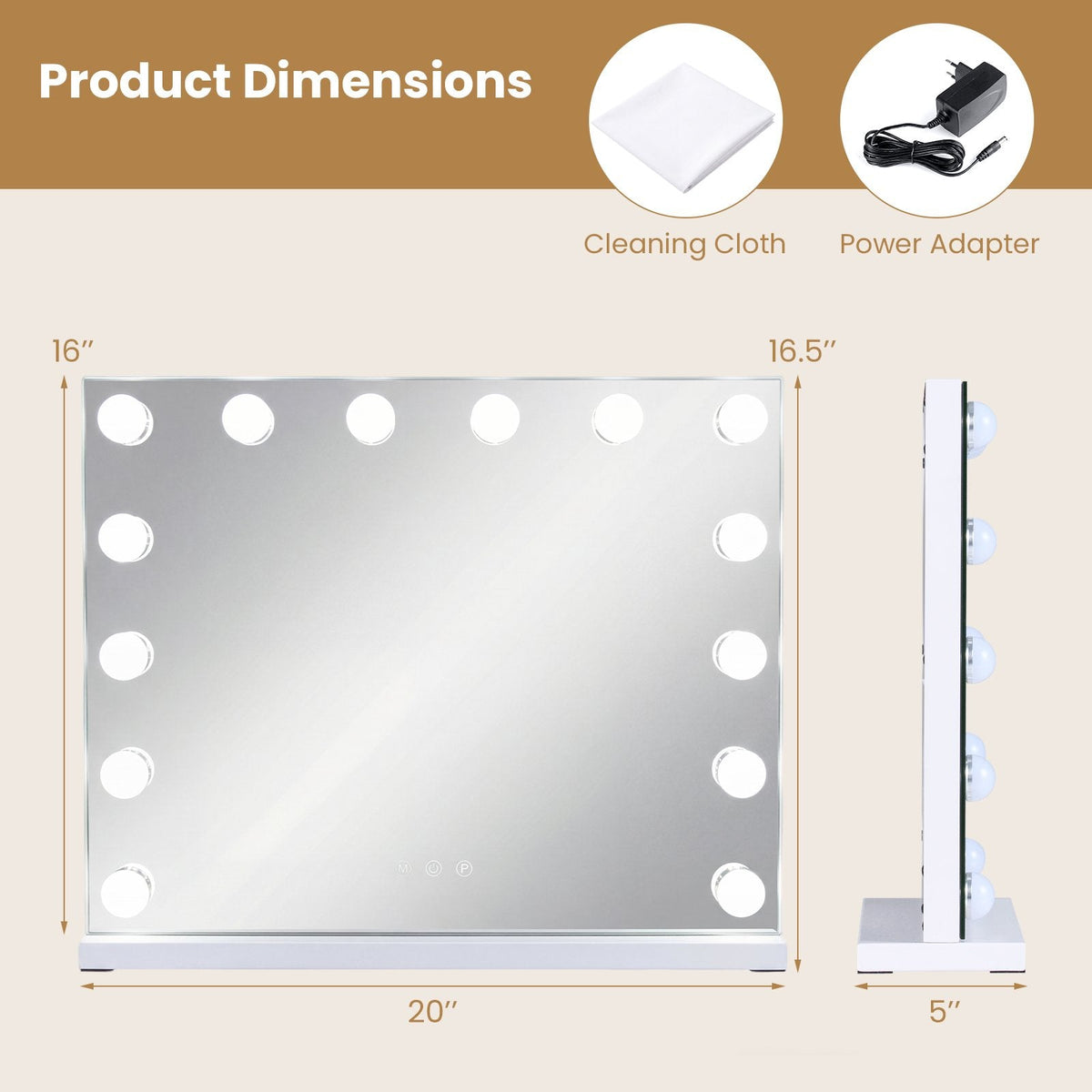 Miroir de maquillage 2-en-1 avec 14 ampoules LED à intensité réglable