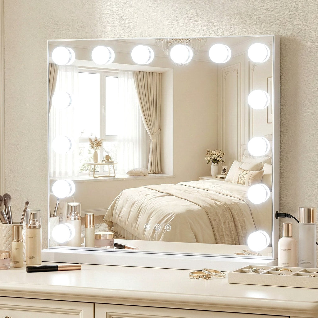 Miroir de maquillage 2-en-1 avec 14 ampoules LED à intensité réglable