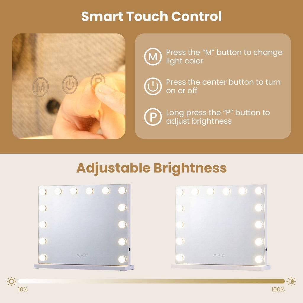 Miroir de maquillage 2-en-1 avec 14 ampoules LED à intensité réglable