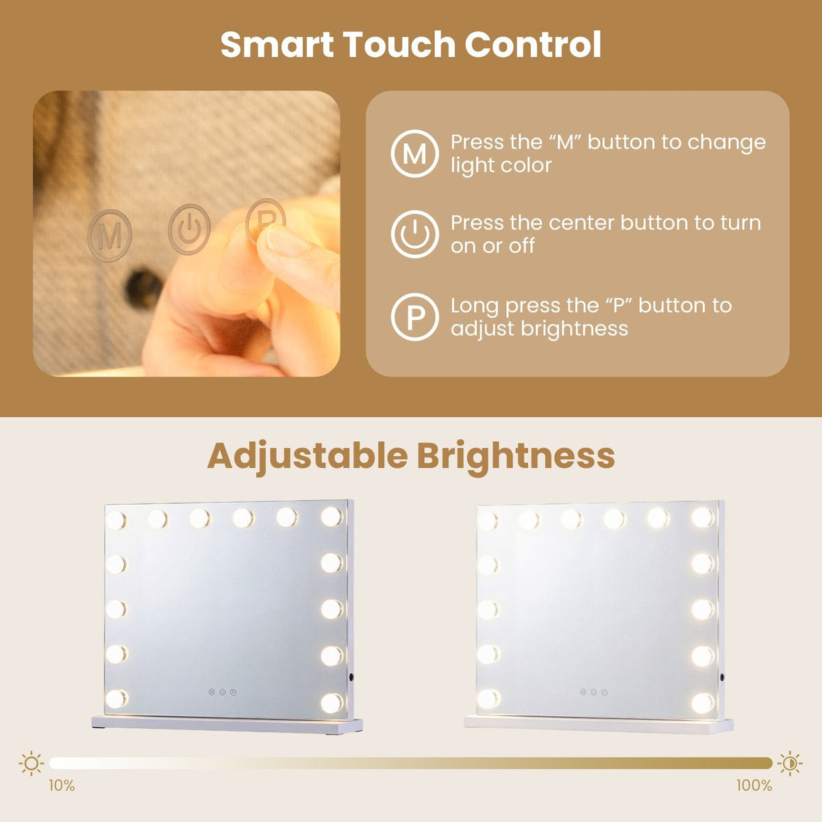 Miroir de maquillage 2-en-1 avec 14 ampoules LED à intensité réglable