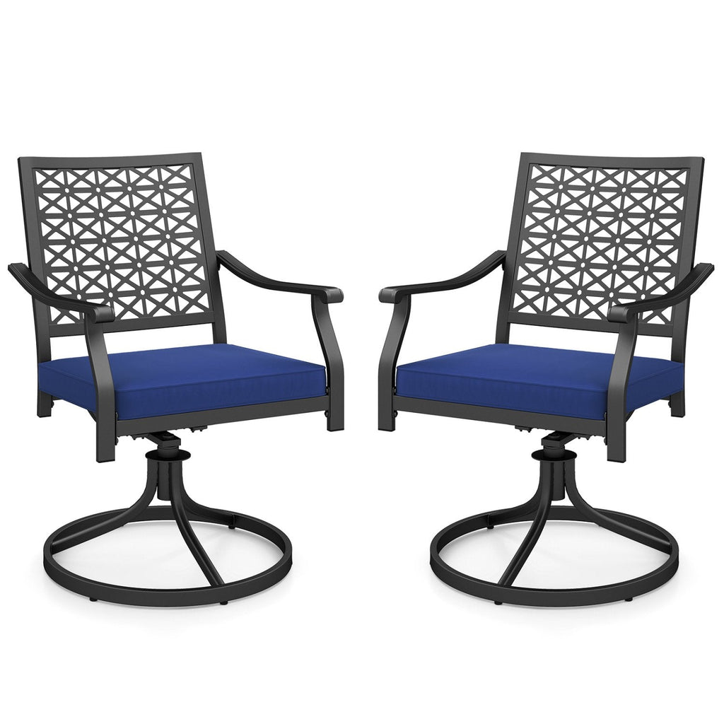 Lot de 2 chaises d'extérieur pivotantes avec coussins moelleux et base ronde en acier – Bleu marine
