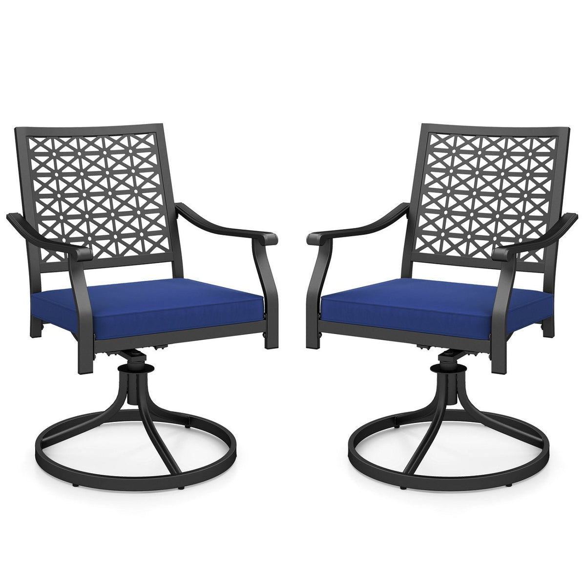 Lot de 2 chaises d'extérieur pivotantes avec coussins moelleux et base ronde en acier – Bleu marine